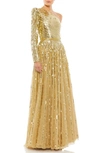Mac Duggal Sequin One-shoulder Single Long Sleeve Gown In Gold