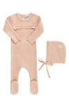 Feltman Brothers Babies'  Ruffled Yoke Rib Footie & Bonnet Set In Blush