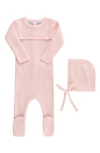 Feltman Brothers Babies' Ruffled Yoke Rib Footie & Bonnet Set In Pink