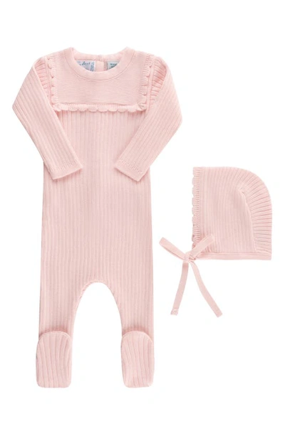 Feltman Brothers Babies'  Ruffled Yoke Rib Footie & Bonnet Set In Pink