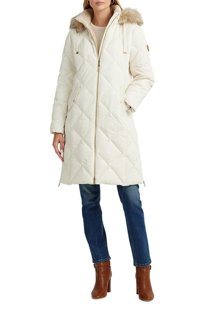 Lauren Ralph Lauren Down & Feather Fill Coat With Faux Fur Trim Detachable Hood In Cream