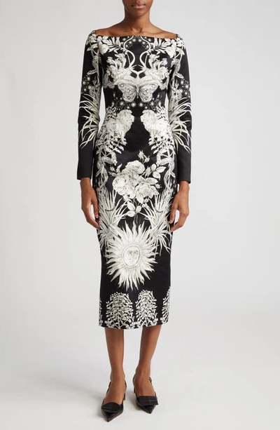 Lela Rose Graphic-print Long-sleeve Square-neck Midi Dress In Black