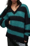 Allsaints Lou Sparkle V-neck Striped Sweater In Black/blue