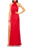 Ieena For Mac Duggal Side Ruched Satin Halter Gown In Red