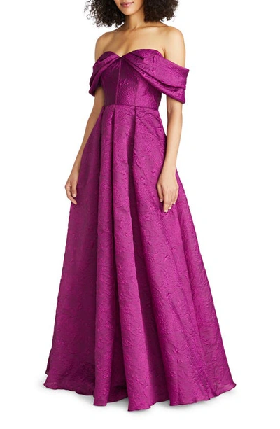 Theia Joelle Jacquard Off The Shoulder Gown In Deep Orchid