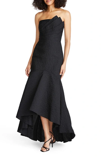 Theia Lana Jacquard Strapless High-low Gown In Black