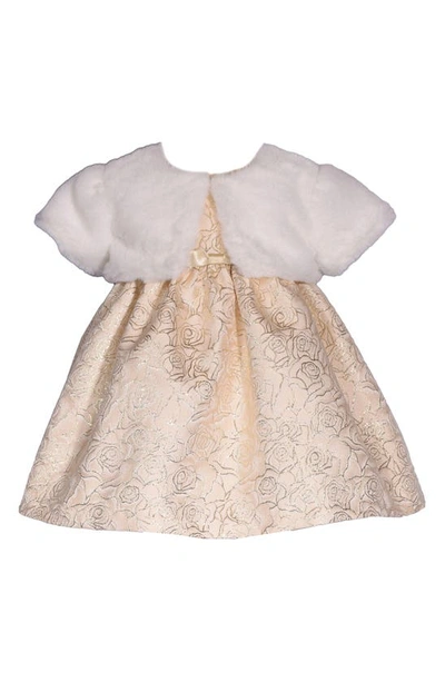 Iris & Ivy Kids' Metallic Rose Brocade Party Dress & Faux Fur Bolero In Gold