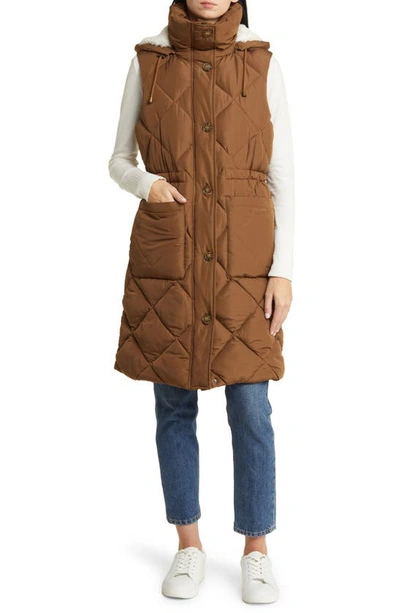 Lucky Brand Oversize Longline Puffer Vest With Removable Faux Shearling Lined Hood In Pecan