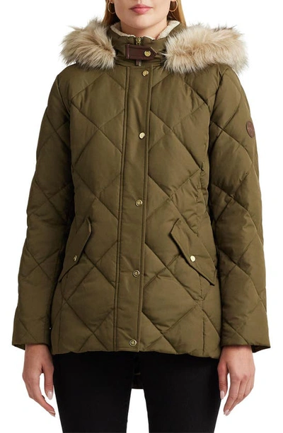 Lauren Ralph Lauren Diamond Faux Fur Trim Quilted Down & Feather Fill Hooded Puffer Coat In Botanic Green