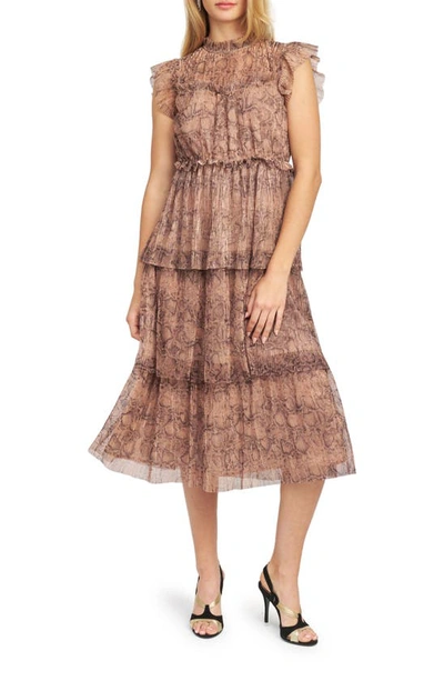 En Saison Metallic Snakeskin Print Tiered Ruffle Midi Dress In Rose Gold