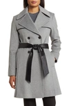 Via Spiga Belted Faux Leather Trim Wool Blend Coat In Lt Grey
