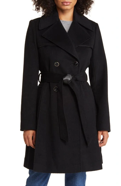 Via Spiga Belted Faux Leather Trim Wool Blend Coat In Black