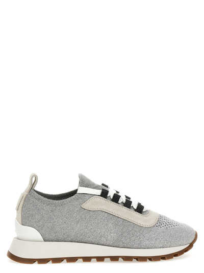 Brunello Cucinelli Lurex Knit Sneakers Gray In Grey