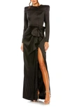 Mac Duggal Satin Bow Long Sleeve Column Gown In Black