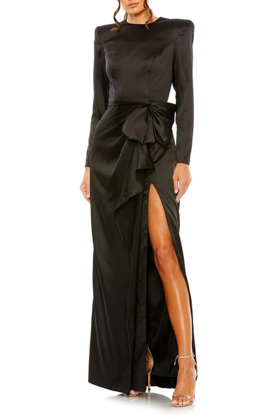 Mac Duggal Satin Bow Long Sleeve Column Gown In Black