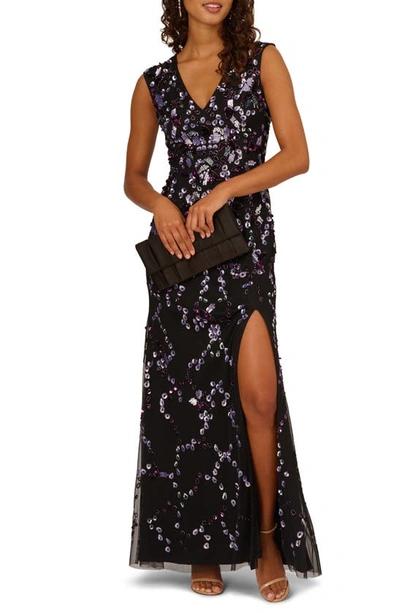 Adrianna Papell Beaded Sleeveless V-neck Gown In Black/ Purple