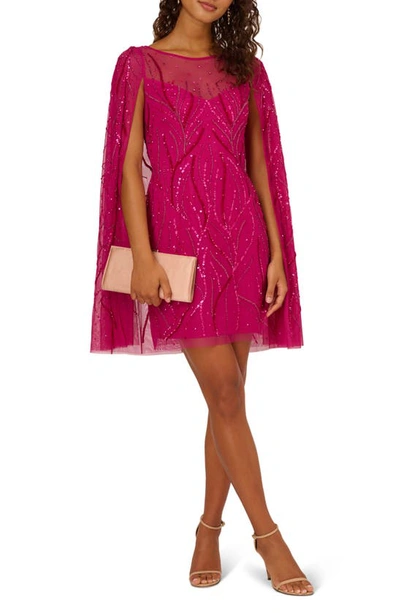 Adrianna Papell Beaded Cape Sleeve Cocktail Minidress In Hot Orchid