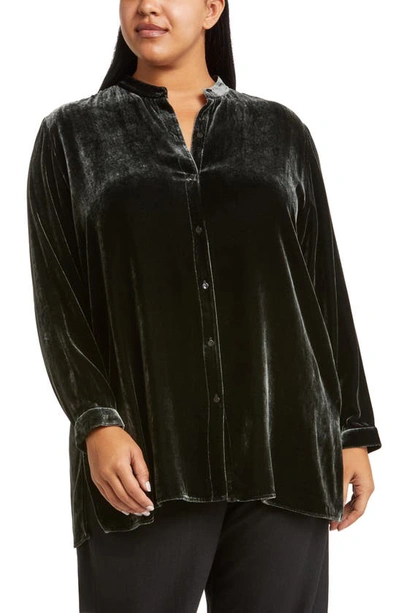 Eileen Fisher Band Collar Velvet Longline Button-up Shirt In Ivy