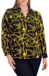 Foxcroft Mary Print Cotton Sateen Button-up Shirt In Black/ Yellow