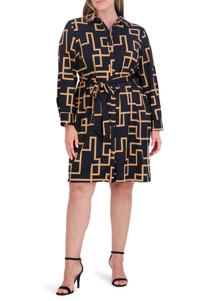 Foxcroft Rocca Maze Print Long Sleeve Shirtdress In Black Multi