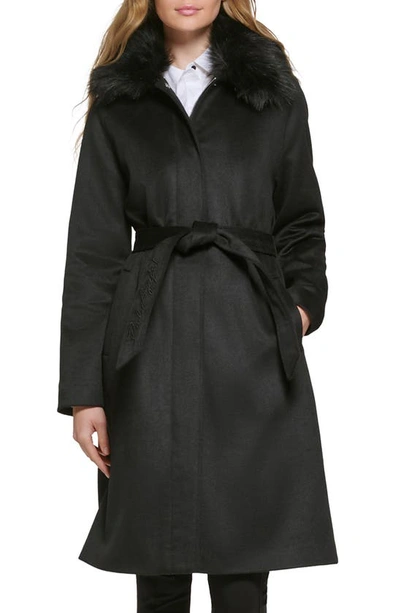Karl Lagerfeld Luxe Belted Twill Wool Blend Coat With Removable Faux Fur Collar In Black