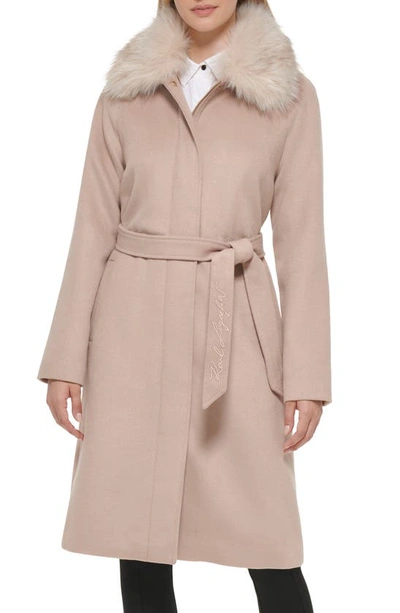 Karl Lagerfeld Luxe Belted Twill Wool Blend Coat With Removable Faux Fur Collar In Nude