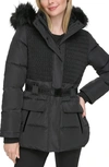 Karl Lagerfeld Smocked Belted Ski Puffer Jacket With Faux Fur Hood In Black