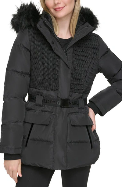 Karl Lagerfeld Smocked Belted Ski Puffer Jacket With Faux Fur Hood In Black