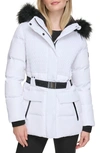 Karl Lagerfeld Smocked Belted Ski Puffer Jacket With Faux Fur Hood In White