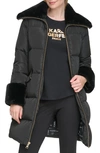 KARL LAGERFELD DOWN & FEATHER PUFFER COAT WITH FAUX FUR TRIM