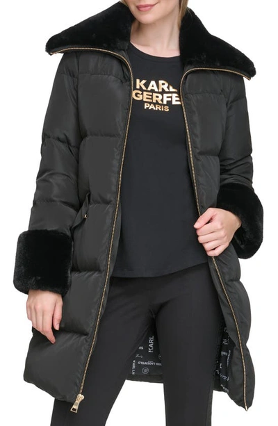Karl Lagerfeld Down & Feather Puffer Coat With Faux Fur Trim In Black