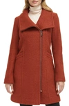 Kenneth Cole Asymmetric Zip Convertible Collar Bouclé Coat In Paprika