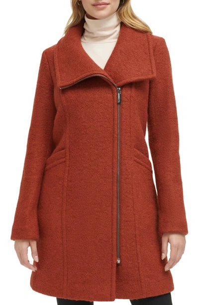 Kenneth Cole Asymmetric Zip Convertible Collar Bouclé Coat In Paprika