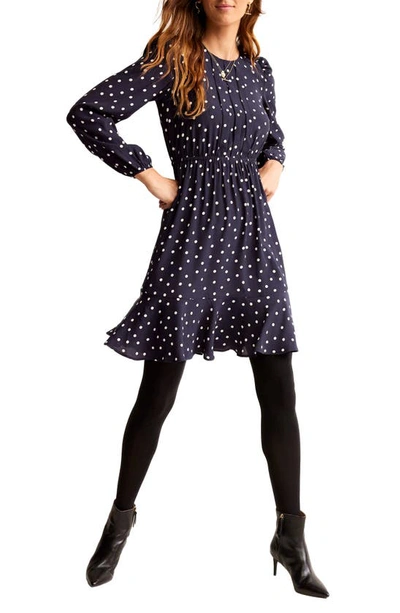 Boden Polka Dot Pleated Bodice Long Sleeve Minidress In French Navy, Spaced Dot