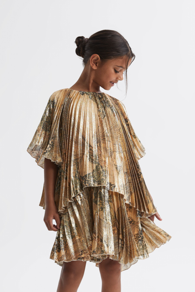 Reiss Kids' Rhea - Gold Senior Metallic Pleated Tiered Dress, Uk 9-10 Yrs