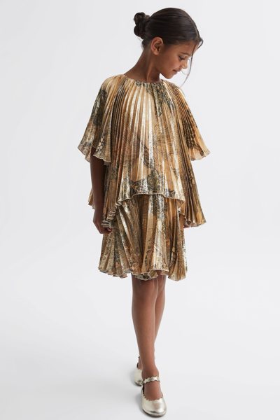 Reiss Kids' Rhea - Gold Junior Metallic Pleated Tiered Dress, Age 4-5 Years