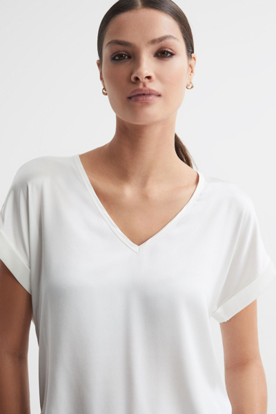 Reiss Natalia - Ivory Silk-front V-neck T-shirt, M