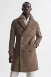 REISS UNITY - CAMEL MODERN FIT WOOL BLEND DOUBLE BREASTED DOGTOOTH COAT, M