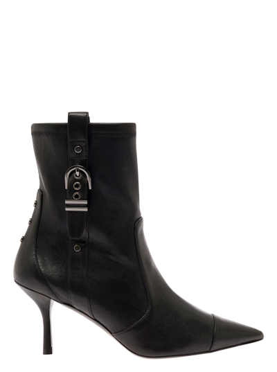 STUART WEITZMAN BLACK BOOTIE WITH BUCKLE DETAIL AND STILETTO HEEL IN SMOOTH LEATHER WOMAN