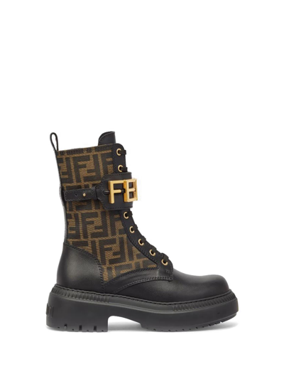 Fendi All Over Logo Ankle Boot With Gold Logo In Nero Tabacco Nero