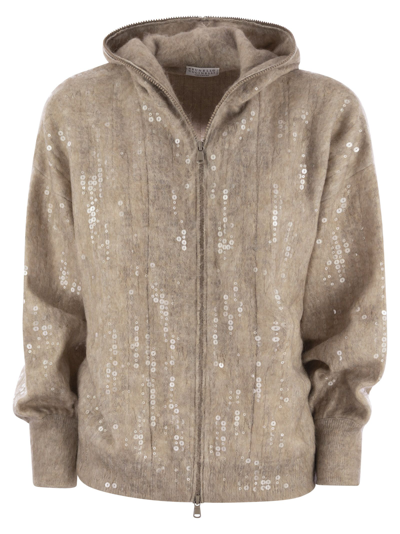 Brunello Cucinelli Waterfall Sequined Cashmere Mohair Zip-up Cardigan In Clq41 Brown