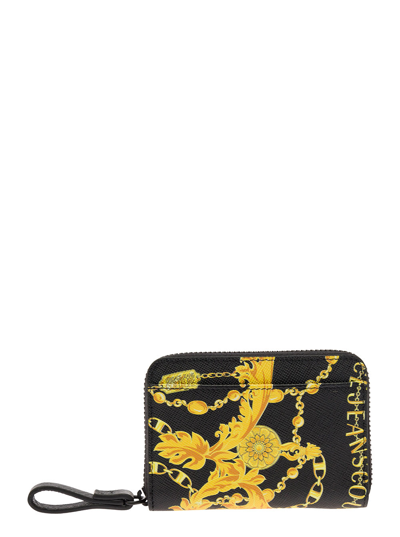 Versace Jeans Couture Black Zip-around Wallet With Barocco Print In Leather Man