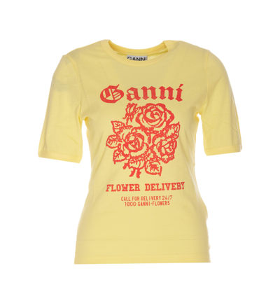 Ganni - Light Cotton Jersey Flower Fitted T-shirt In Yellow