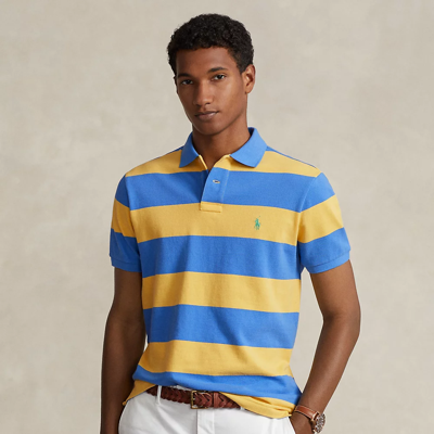 Ralph Lauren Custom Slim Fit Striped Mesh Polo Shirt In Fall Yellow/summer Blue