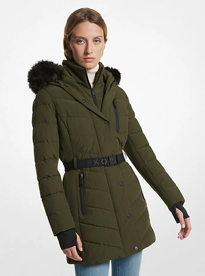 Michael Kors Faux Fur Trim Quilted Puffer Coat In Green