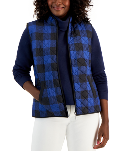 Karen Scott Petite Buffalo Check Puffer Vest, Created For Macy's In Blue Buffalo Check