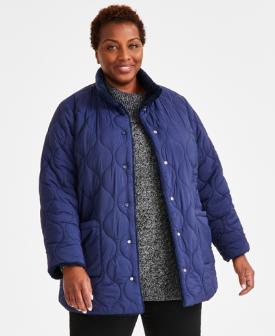 Style & Co Plus Size Reversible Quilted Sherpa Jacket, Created For Macy's In Industrial Blue
