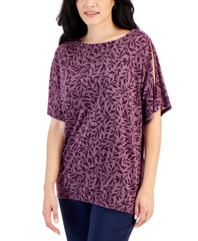 Jm Collection Women's Printed Boat-neck Split-sleeve Top, Created For Macy's In Bitter Purple Combo