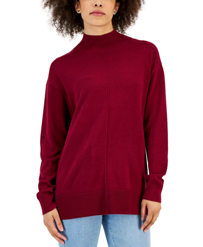 Karen Scott Women's Cotton Seam-front Mock Neck Sweater, Created For Macy's In Marine Green