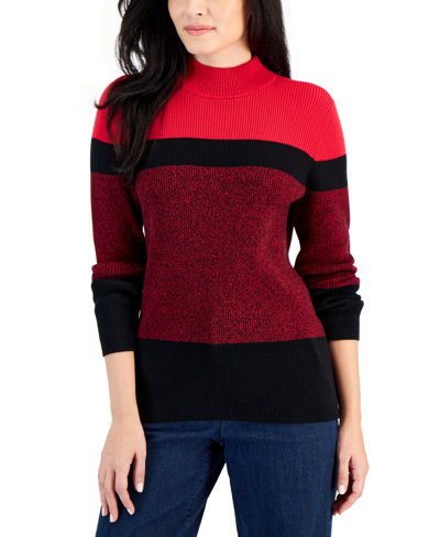 Karen Scott Women's Elsa Cotton Colorblocked Mock-neck Sweater, Created For Macy's In New Red Amore Marl